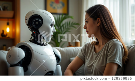 A woman engages in conversation with a humanoid robot in a cozy living room setting during the afternoon, illustrating human-robot interaction A woman engages in conversation with a humanoid robot in a cozy living room setting during the afternoon, illustrating human-robot interaction 129559956