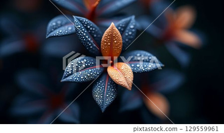 Close-up of a flower with droplets on petals in a darkened garden setting during early morning hours 129559961