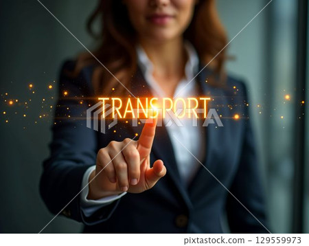 Businesswoman interacting with a glowing transport concept in a modern office setting 129559973