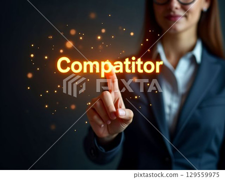 Businesswoman highlighting the word Competitor in a professional setting with creative lighting effects 129559975