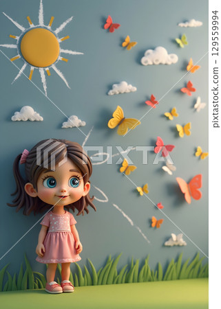 Young girl admiring colorful butterflies against a cheerful sunny backdrop with playful clouds and greenery Young girl admiring colorful butterflies against a cheerful sunny backdrop with playful clouds and greenery 129559994