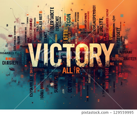 Bold victory text surrounded by vibrant words creating an impactful visual experience in abstract design Bold victory text surrounded by vibrant words creating an impactful visual experience in abstract design 129559995