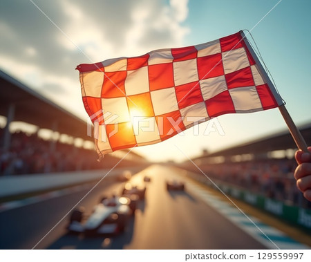 Sunset at the racetrack as the checkered flag signals the end of an exciting race Sunset at the racetrack as the checkered flag signals the end of an exciting race 129559997