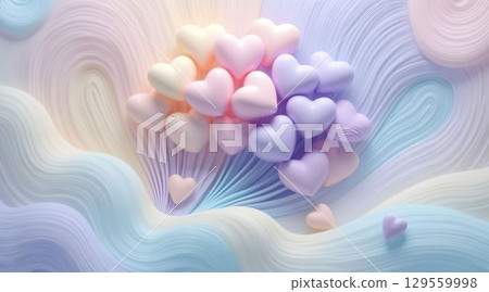 Colorful heart shapes floating in soft pastel waves create a serene and playful ambiance in a whimsical setting 129559998