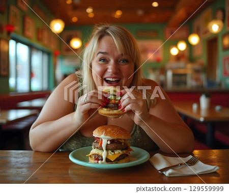 Joyful woman enjoying a giant burger in a cozy diner during lunch hour with vibrant decor 129559999