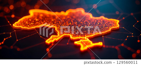 A digital representation of Ukraine illuminated by glowing lines, showcasing its borders and connections in a futuristic style A digital representation of Ukraine illuminated by glowing lines, showcasing its borders and connections in a futuristic style 129560011