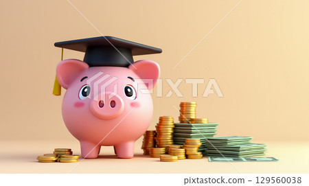 Cute piggy bank wearing a graduation cap surrounded by stacks of coins and bills in a bright setting representing financial planning 129560038