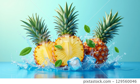 Fresh pineapples with mint leaves and ice cubes splashing in clear water on a sunny day 129560046