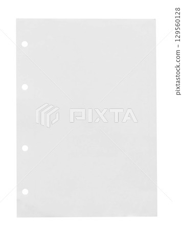 Vertical blank loose-leaf binder paper sheet with punched holes isolated on background. School, stationery document mockup. Empty copy space. White notebook paper. Business office stationery object. Vertical blank loose-leaf binder paper sheet with punched holes isolated on background. School, stationery document mockup. Empty copy space. White notebook paper. Business office stationery object. 129560128