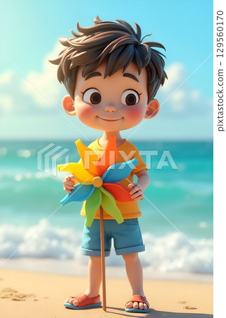 Child enjoys a sunny day at the beach while holding a colorful windmill on a warm afternoon 129560170
