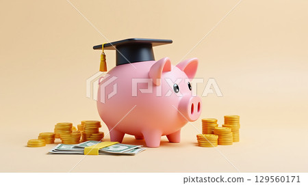 A piggy bank wearing a graduation cap surrounded by money and coins, representing savings for education expenses 129560171