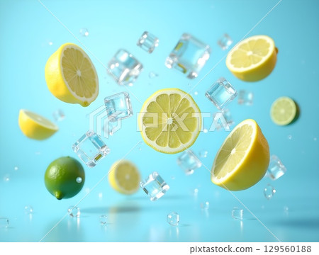 Fresh lemons and limes float with ice cubes against a blue background for summer beverage inspiration 129560188