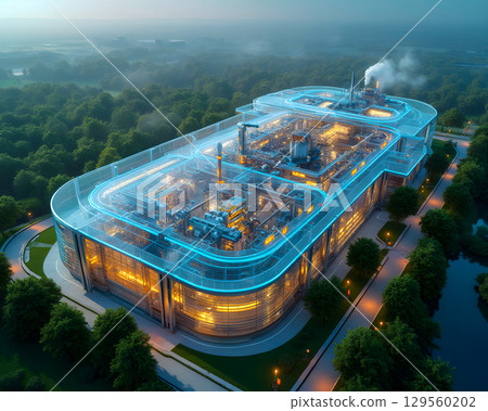 Modern industrial facility surrounded by greenery at twilight showcasing advanced architecture and technology 129560202