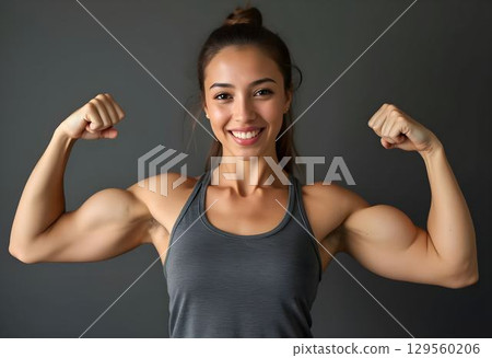 Strong woman shows off her muscular arms and confident smile in a workout setting Strong woman shows off her muscular arms and confident smile in a workout setting 129560206