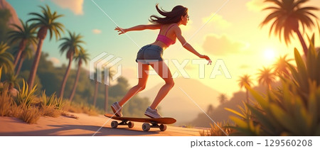 Skater enjoying sunset ride along palm-lined path in tropical paradise Skater enjoying sunset ride along palm-lined path in tropical paradise 129560208