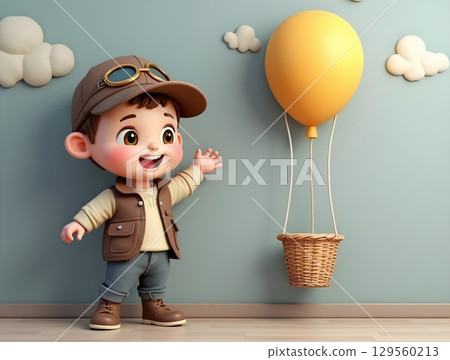Cute child with yellow balloon reaching out against a colorful background in a playful indoor setting 129560213