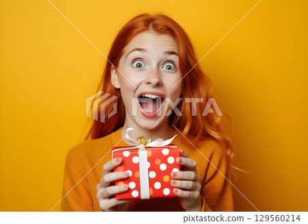 Excitement shines as a girl with red hair happily holds a gift on a vibrant yellow background Excitement shines as a girl with red hair happily holds a gift on a vibrant yellow background 129560214
