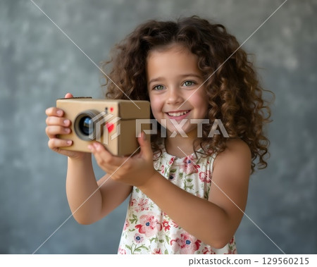 Young girl joyfully holding a cardboard camera against a textured gray background 129560215
