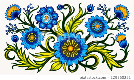 Colorful floral design with vibrant blue flowers and green leaves in artistic arrangement 129560231