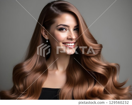 Elegant woman showcasing long, flowing hair with a radiant smile in a soft light setting 129560232