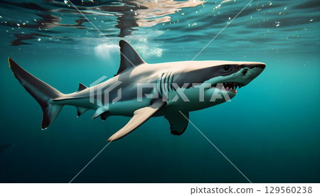 Majestic shark glides through clear blue water showcasing its powerful presence and natural grace during a calm afternoon 129560238