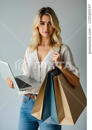Young woman holding shopping bags and a laptop in a minimalist indoor setting while enjoying her day 129560247