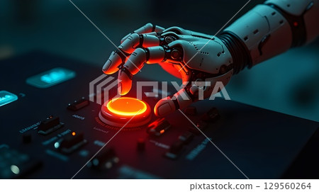 Robotic hand pressing glowing control button in a futuristic setting at night Robotic hand pressing glowing control button in a futuristic setting at night 129560264