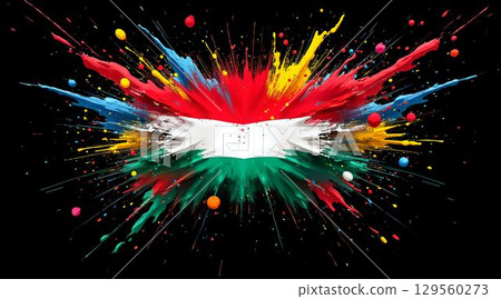 Vibrant explosion of color representing national pride with a central flag in a dynamic display on a black background 129560273