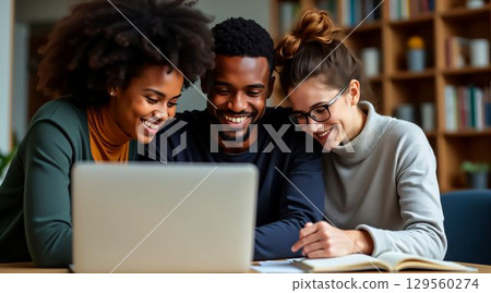Friends collaborating on academic project in modern library space during afternoon study session 129560274