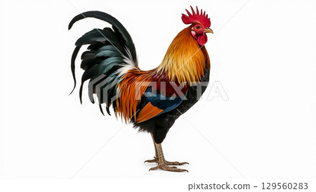 Colorful rooster standing proudly with vibrant plumage and confident posture in a bright setting Colorful rooster standing proudly with vibrant plumage and confident posture in a bright setting 129560283