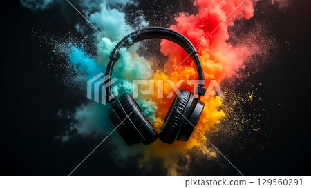 Colorful explosion of sound waves surrounding black headphones in a creative atmosphere Colorful explosion of sound waves surrounding black headphones in a creative atmosphere 129560291