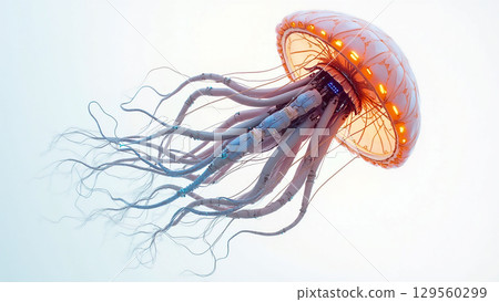 Artificial jellyfish with glowing tentacles swimming in a tranquil ocean environment during daylight Artificial jellyfish with glowing tentacles swimming in a tranquil ocean environment during daylight 129560299