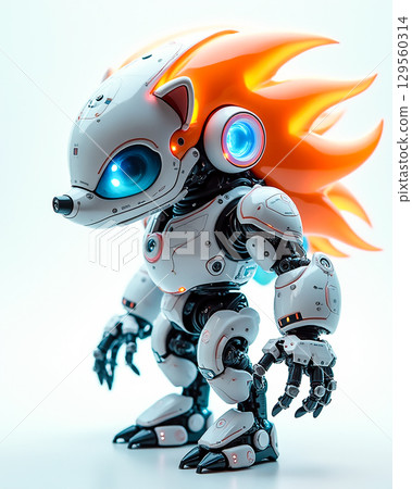 Robot character with flame-like features stands in a bright environment showcasing futuristic design Robot character with flame-like features stands in a bright environment showcasing futuristic design 129560314