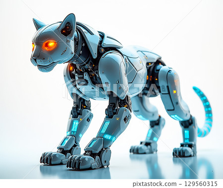 Futuristic robotic cat with glowing eyes stands on a bright surface in a modern setting Futuristic robotic cat with glowing eyes stands on a bright surface in a modern setting 129560315