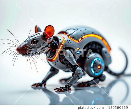 Robot rat with glowing features exploring a futuristic environment in a science fiction setting Robot rat with glowing features exploring a futuristic environment in a science fiction setting 129560319