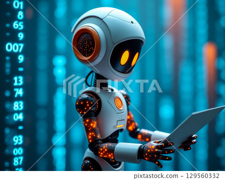 Modern robot analyzes data in a futuristic digital environment illuminated by glowing numbers and symbols Modern robot analyzes data in a futuristic digital environment illuminated by glowing numbers and symbols 129560332