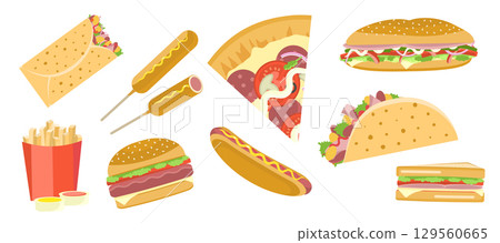 Flat bright vector fastfood set including hamburger, pizza, sandwich, taco, burrito, shawarma. Tasty street food symbols for cafe, bar, restaurant menu design, logo, print, sticker 129560665