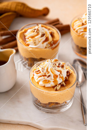 Pumpkin dessert in a cup, pudding or no bake cheesecake with spices and whipped cream Pumpkin dessert in a cup, pudding or no bake cheesecake with spices and whipped cream 129560710