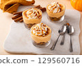 Pumpkin cheesecake in a glass, fall dessert idea, no bake Thanksgiving dessert 129560716