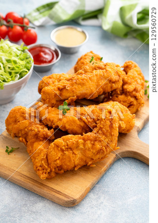 Chicken tenders served on a wooden board with salad and sauces Chicken tenders served on a wooden board with salad and sauces 129560729