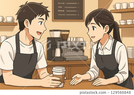 男女店員在咖啡館聊天（動漫風格） 129560848