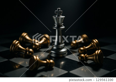 Silver king defeated golden pawns on glossy surface 129561100