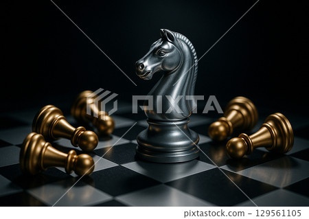 Silver knight with golden pawns positioned on reflective dark surface Silver knight with golden pawns positioned on reflective dark surface 129561105