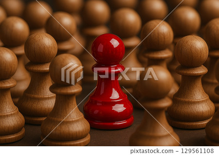 Red pawn standing out among uniform natural wooden pawns on surface Red pawn standing out among uniform natural wooden pawns on surface 129561108