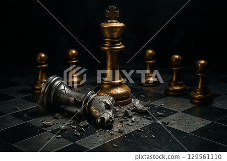 Golden king and pawns confronting defeated silver knight on black surface 129561110