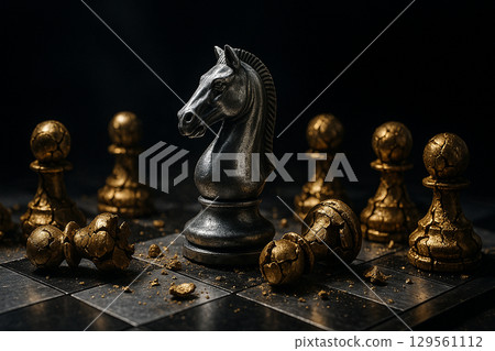 Silver knight with silver pawns facing golden pawns in dark dramatic lighting 129561112