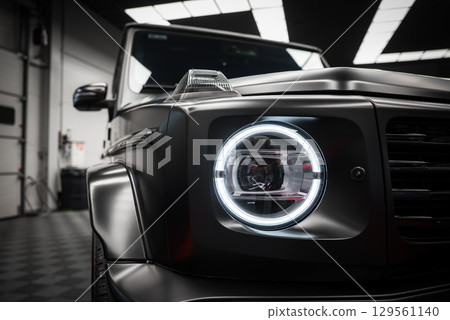 Close up view of a Mercedes AMG G Class with matte black finish, circular LED headlight, and angular design in a showroom with checkered flooring. 129561140