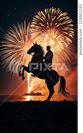 The majestic appearance of celebration. The silhouette of a rider on a rearing horse in the foreground against the backdrop of bright fireworks lighting up the night sky creates a sense of grace and g 129561283