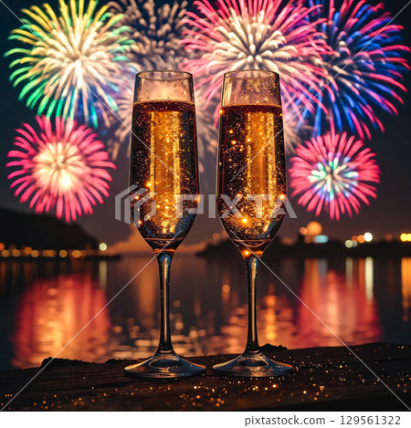 Two glasses of champagne against a backdrop of fireworks. Two champagne flutes filled with sparkling wine are set against a spectacular backdrop of colorful fireworks exploding in the night sky. 129561322