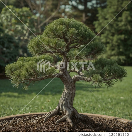 bonsai style pine tree with short branches and elegant small form for garden design 129561330
